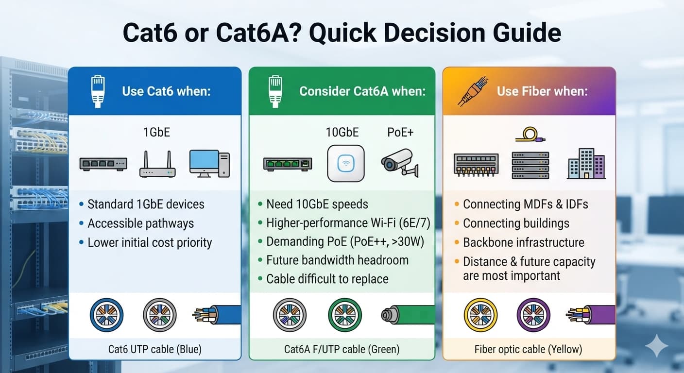 Cat6 Cat6A or fiber commercial cabling decision