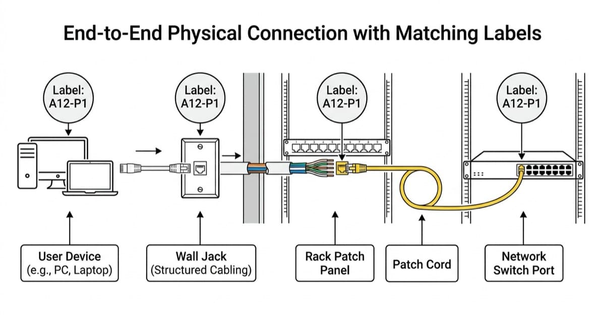 Commercial structured cabling labeling from network device to switch port