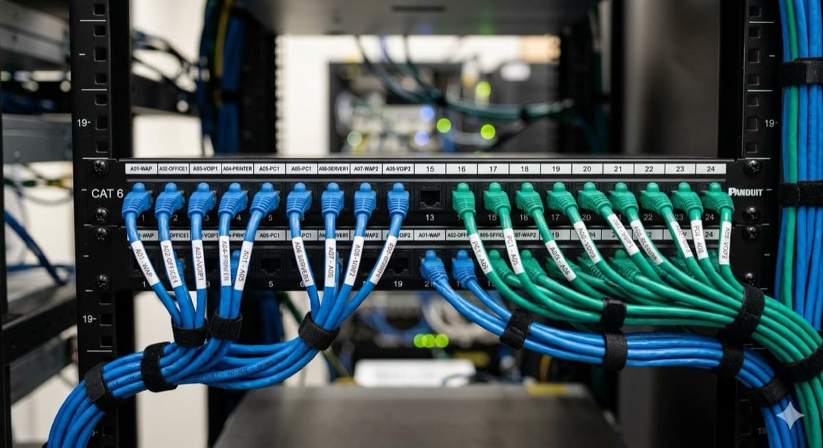 Labeled patch panel and network cables in commercial rack