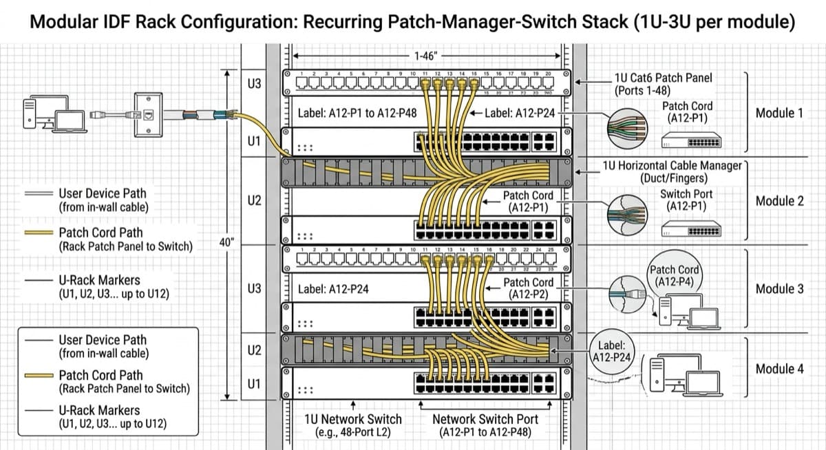 Network rack patch panel switch cable management layout
