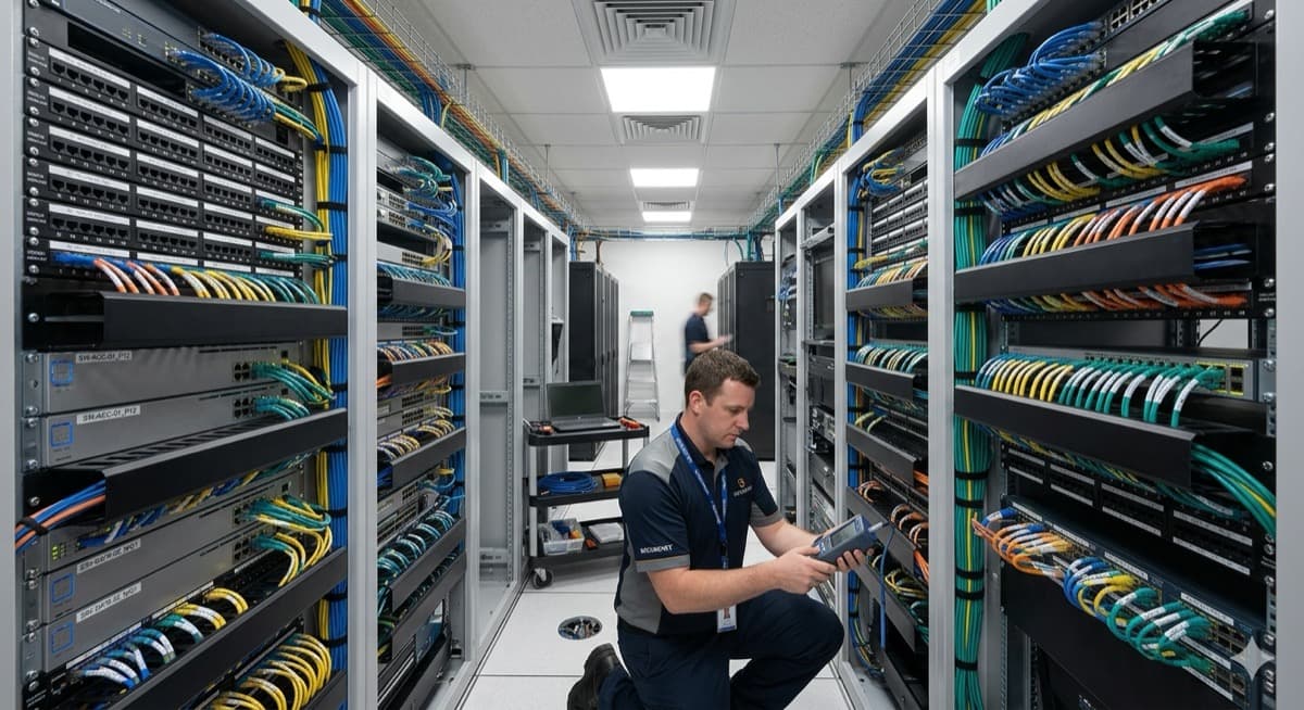 Technician servicing organized commercial network rack