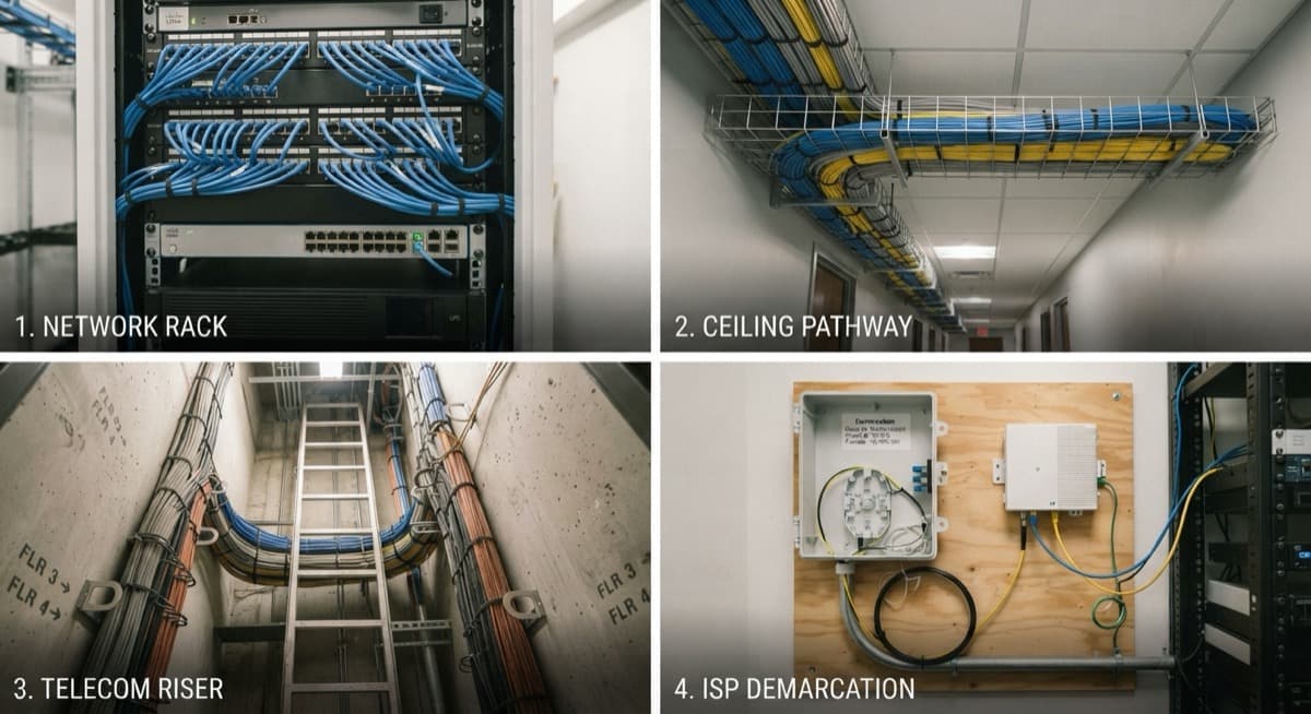 Commercial network site survey telecom room ceiling and cable pathway inspection