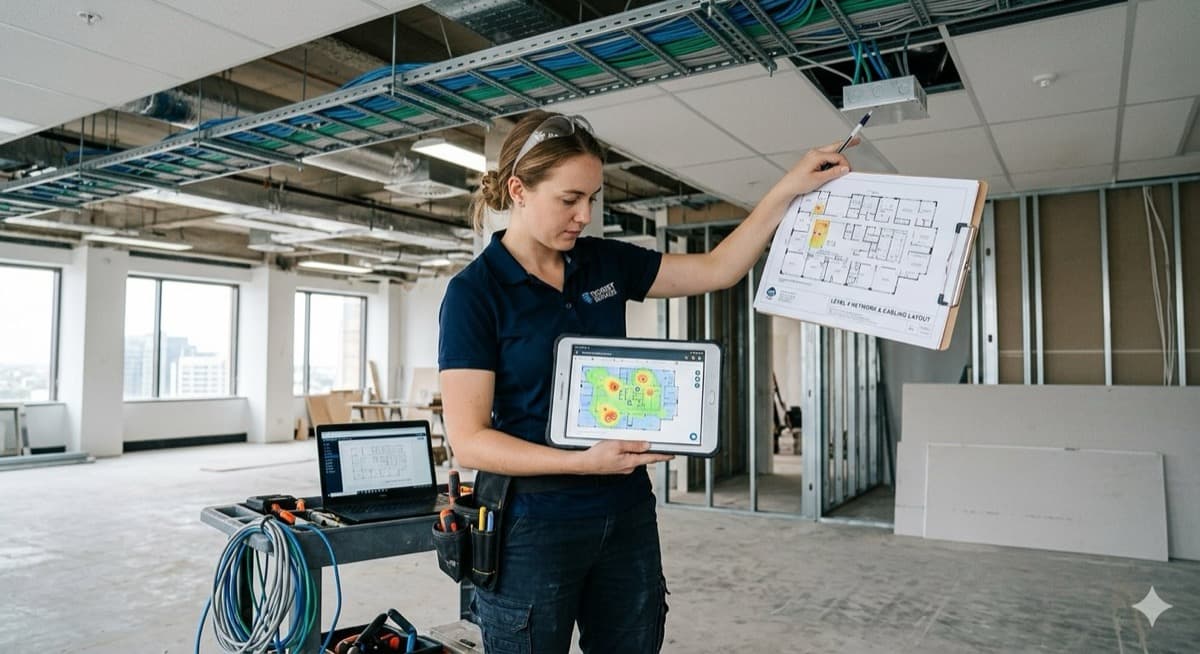 Office network site survey for structured cabling and Wi-Fi installation