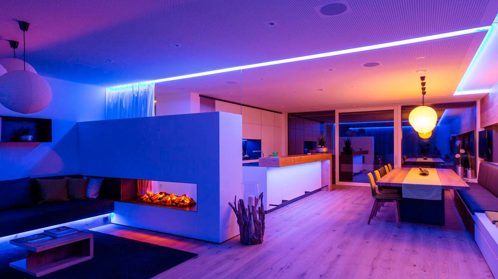 Integrated smart lighting and automation scenes deployed throughout the main living space