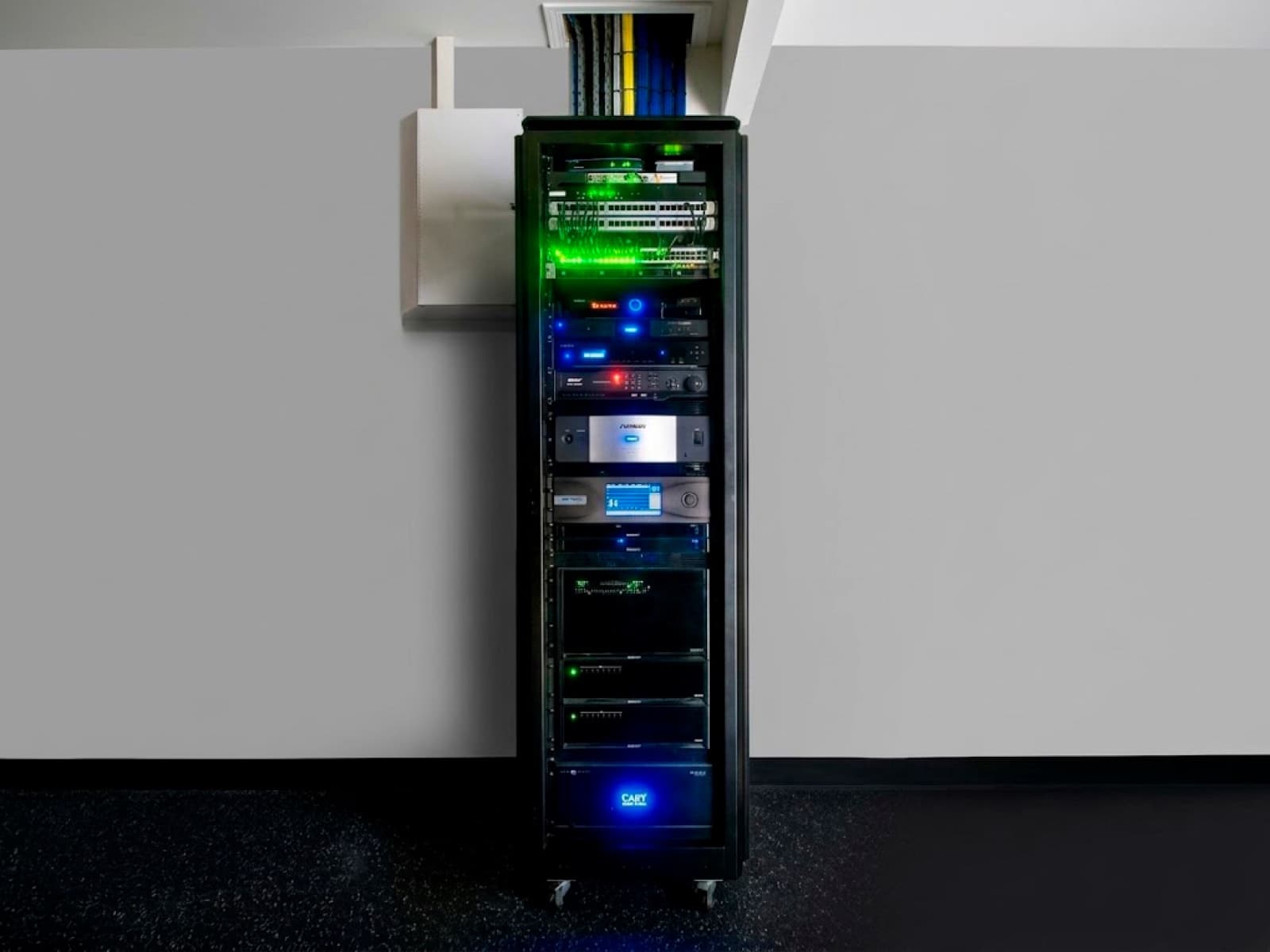 Office IDF closet with labeled patch panels